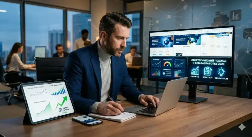 Бизнесмен анализирует сайты конкурентов на нескольких экранах ноутбука и планшета в современном офисе 2026 года