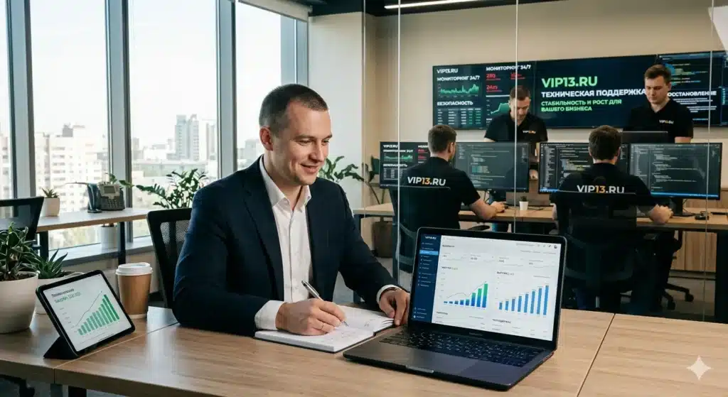 Бизнесмен спокойно работает за ноутбуком, пока на экране видны зелёные индикаторы технической поддержки сайта vip13.ru и график бесперебойной работы.