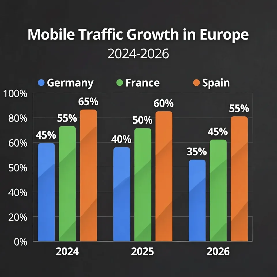 Диаграмма роста доли мобильного трафика в Европе за 2024–2026 годы_заказать сайт в Марселе