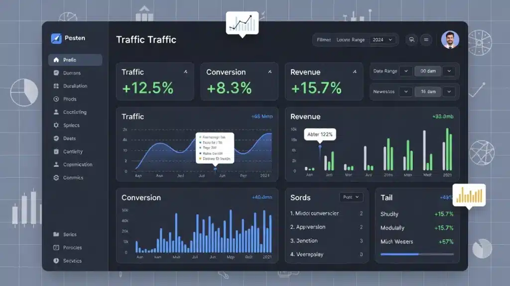 Интерфейс аналитического дашборда с показателями роста трафика, конверсии и дохода от сайта. Видны графики с положительной динамикой, индикаторы KPI и панели управления. Подчёркивается важность постоянного мониторинга и оптимизации.