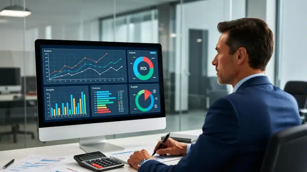 Современный офисный интерьер, бизнесмен сидит за монитором, на котором отображаются цветные графики роста, диаграммы ROI и панели аналитики. На столе видны финансовые отчёты и калькулятор